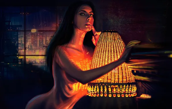 Девушка, Ночь, Лампа, Свет, Girl, Fantasy, Эротика, Арт