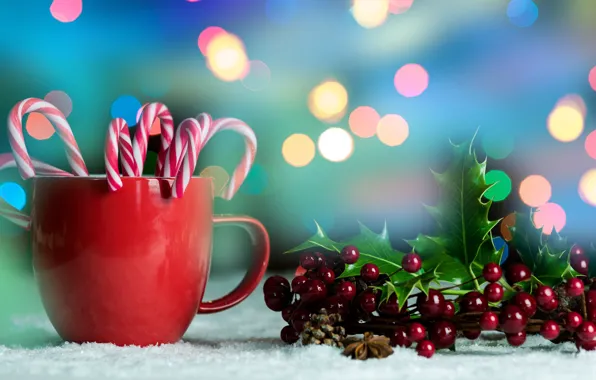 Картинка листья, ягоды, праздник, новый год, рождество, конфеты, кружка, чашка