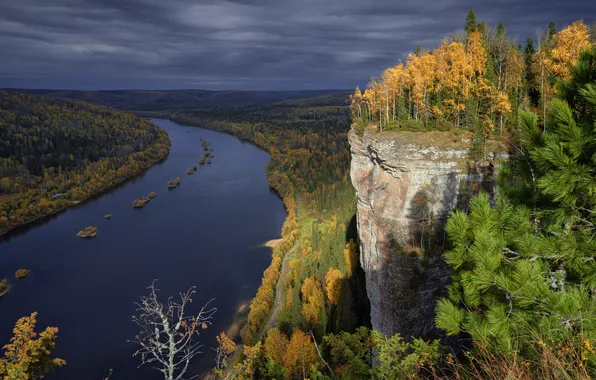 Картинка осень, лес, река, скалы, Пермский край, Вишера