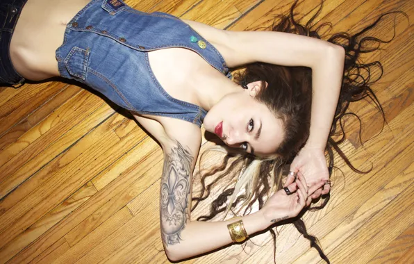 Girl, woman, model, tattoo, floor, belly, tattoos, female