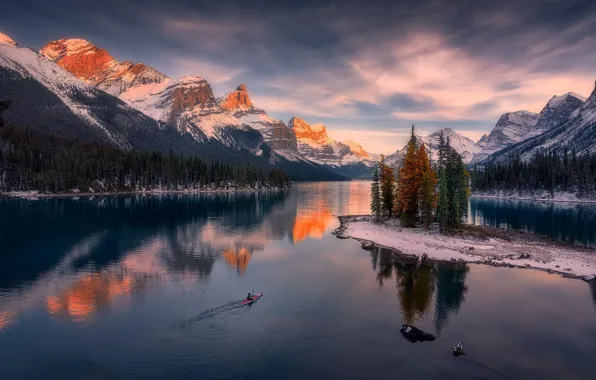 Картинка горы, озеро, остров, Канада, Альберта, Alberta, Canada, Jasper National Park