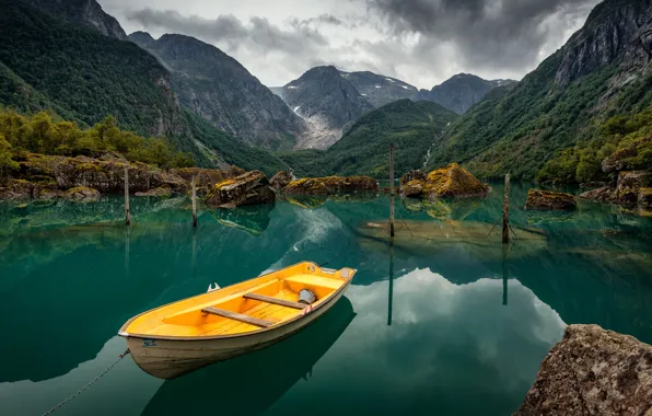 Картинка пейзаж, горы, природа, озеро, лодка, Александр Безмолитвенный