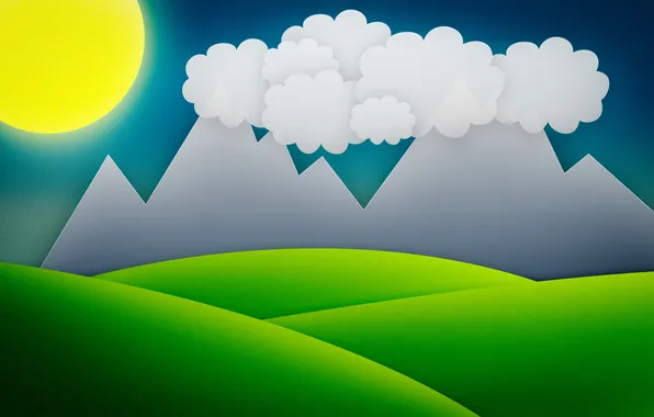 Трава, солнце, горы, тучи