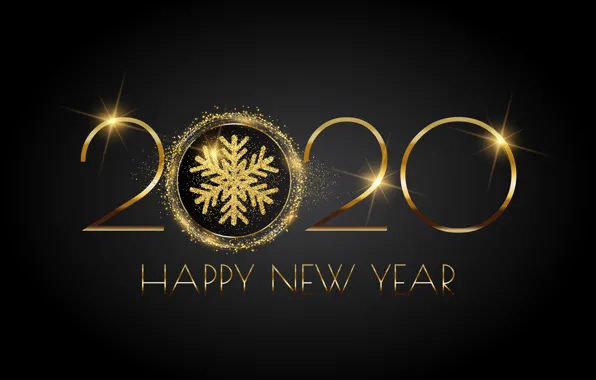 Снежинки, фон, золото, праздник, черный, цифры, Новый год, 2020
