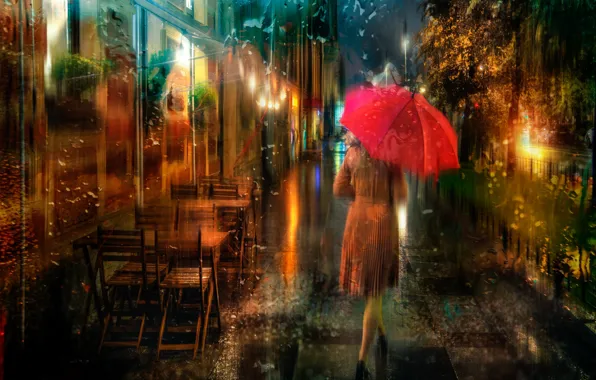 Картинка city, rain, girls, roads, street, people, objects, retouching