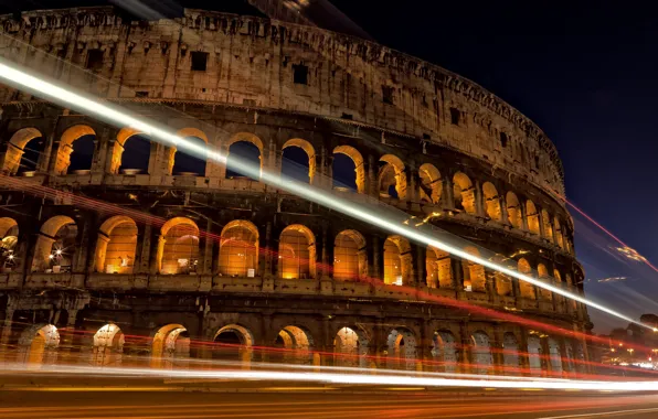 Картинка дорога, ночь, город, огни, выдержка, Рим, Колизей, Италия