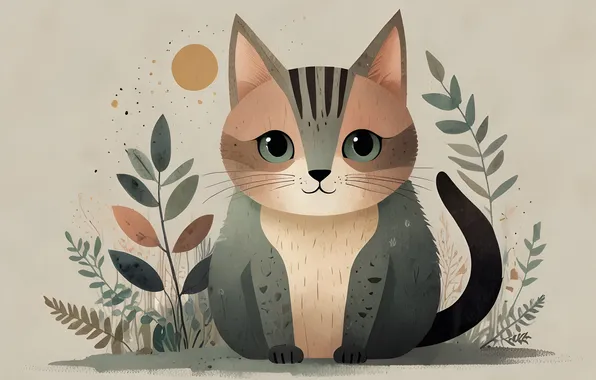 Кошка, листья, поза, котенок, серый, стилизация, серый фон, мордашка