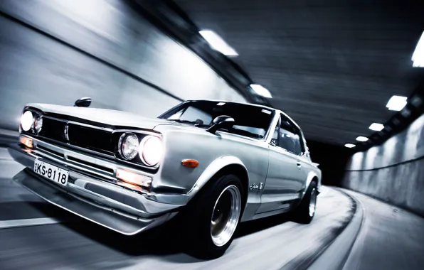 Дорога, машина, фары, скорость, Ниссан, Nissan, автомобиль, Skyline