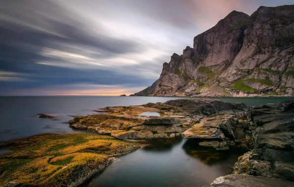 Море, небо, камни, скалы, побережье, горизонт, Норвегия, Lofoten