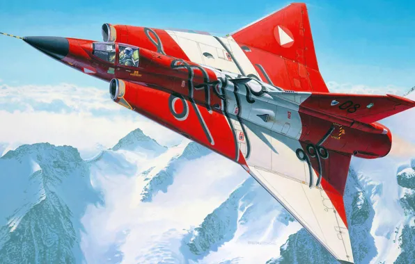 Рисунок, арт, самолёт, Draken, Saab 35, шведский сверхзвуковой истребитель