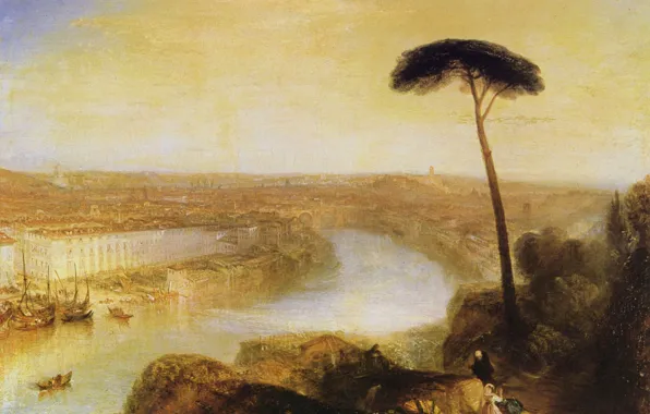 Картинка деревья, пейзаж, город, река, дома, картина, Рим, Уильям Тёрнер