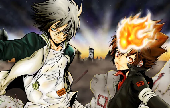 Аниме, арт, парни, Katekyo Hitman Reborn, Учитель мафиози Реборн, Гокудера Хаято, Тсунаеши Савада