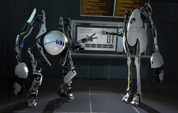 Роботы, Portal 2, Coop, камень-ножницы-бумага