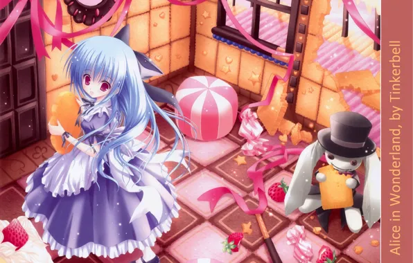 Печенье, сладости, леденцы, домик, Alice in Wonderland, Алиса в Стране Чудес, голубое платье, цилиндр шляпа