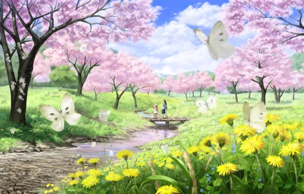 Картинка бабочки, пейзаж, мост, река, ручей, девочки, весна, сакура