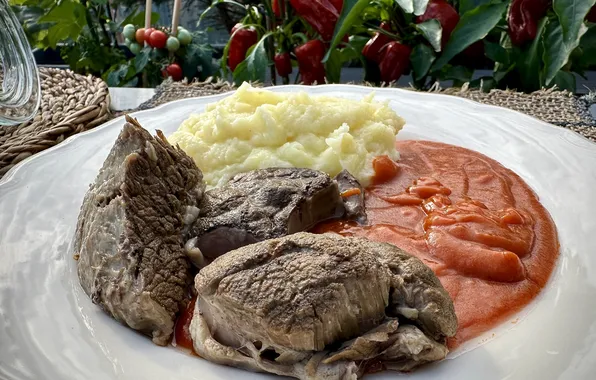 Mashed potatoes, beef, tomato sauce