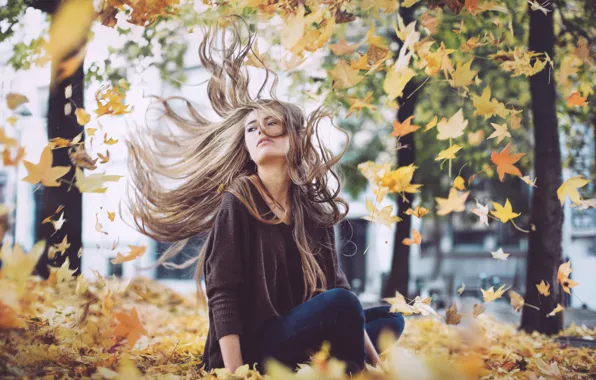 Картинка осень, девушка, ветер, листва