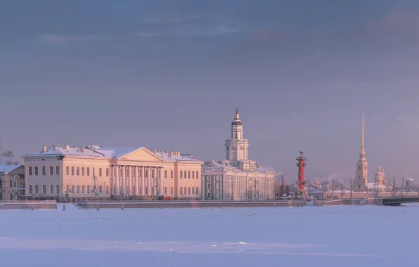 Зима, снег, мост, река, здания, Санкт-Петербург, церковь, Эдуард Гордеев
