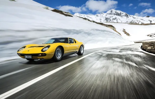 Цвет, Авто, Дорога, Горы, Желтый, Lamborghini, Скалы, Снег
