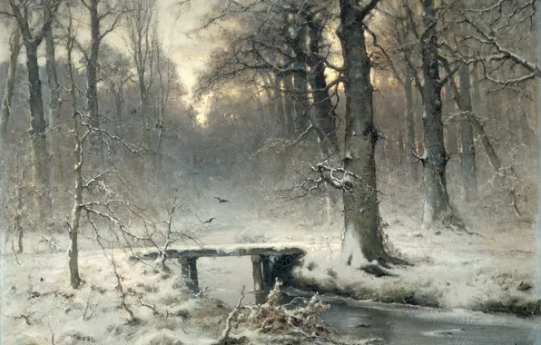 Зима, лес, снег, пейзаж, ручей, масло, картина, мостик