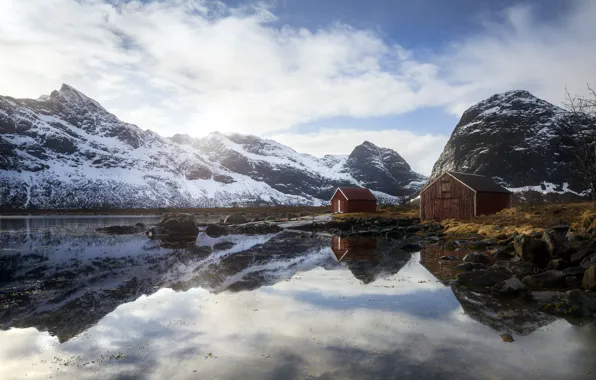 Горы, природа, озеро, Norway, Lofoten, Les Cabanes du Selfjord