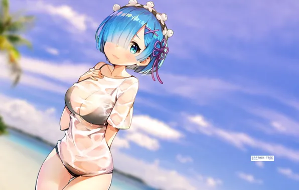 Пляж, девушка, ретушь, Rem, Re: Zero kara Hajimeru Isekai Seikatsu, by Captain-Tree