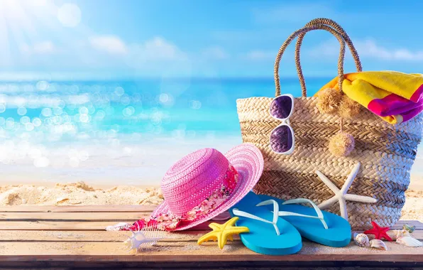 Пляж, лето, звезды, отдых, шляпа, очки, ракушки, summer