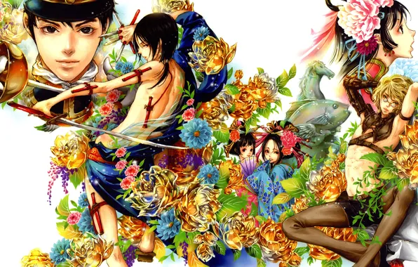 Картинка взгляд, девушка, цветы, оружие, аниме, арт, Tukiji Nao, Adekan