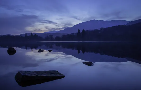 Лес, горы, озеро, дымка, сумерки, England, Coniston