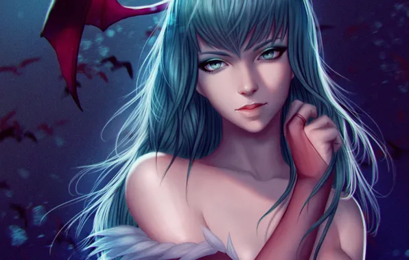 Картинка девушка, лицо, рука, Morrigan, Darkstalkers