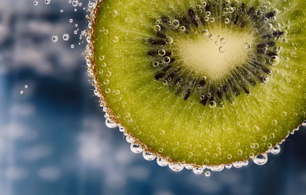 Green, bubbles, blue, water, food, macro, fruit, kiwi