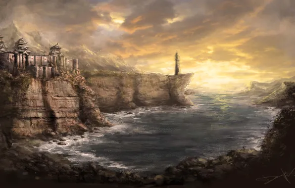 Картинка горы, замок, скалы, япония, маяк, бухта, форт