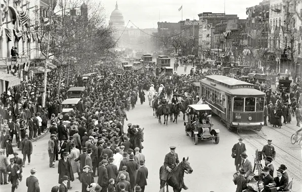 Ретро, люди, улица, Вашингтон, трамвай, США, Капитолий, 1913-й год