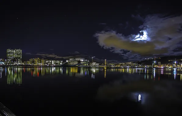 Картинка ночь, огни, отражение, дома, Норвегия, гавань, Осло