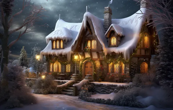 Картинка зима, снег, ночь, lights, Новый Год, Рождество, домик, house