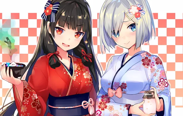 Yukata, long hair, dress, girls, anime, blue eyes, beautiful, twintails