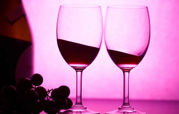 Картинка вино, красное, бутылка, бокалы, виноград