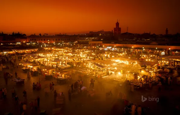 Огни, рынок, Марокко, Марракеш, площадь Джемаа-эль-Фна