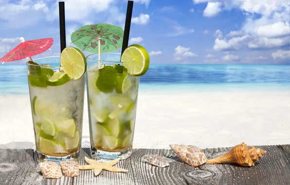 Картинка море, пляж, ракушки, beach, sea, drink, mojito, cocktail