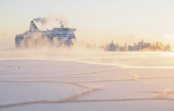 Картинка зима, туман, корабль, утро