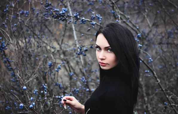 Картинка взгляд, ягоды, Девушка, брюнетка