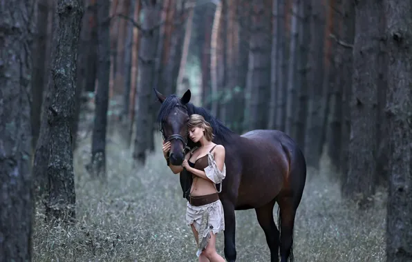 Лес, трава, девушка, деревья, природа, животное, конь, лошадь