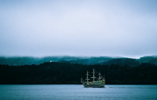 Lake, fog, pirate ship, mist, cloudy