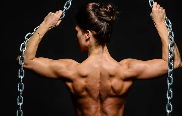 Woman, muscle, back, fitness, chains, bodybuilder