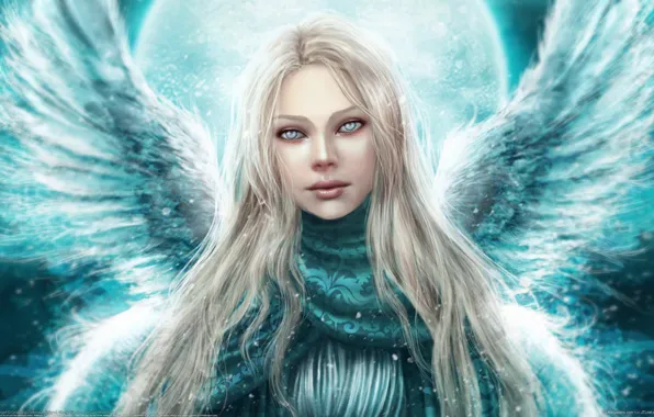 Картинка зима, взгляд, девушка, крылья, ангел
