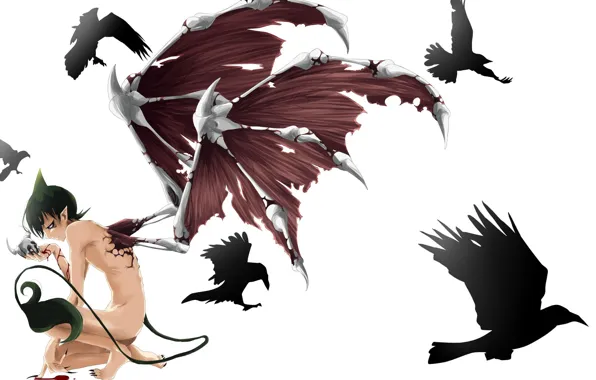 Картинка кровь, череп, крылья, аниме, демон, хвост, рога, парень