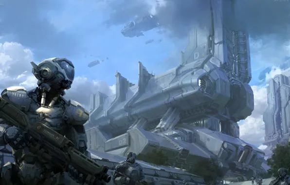 Картинка облака, металл, оружие, корабли, роботы, арт, патруль