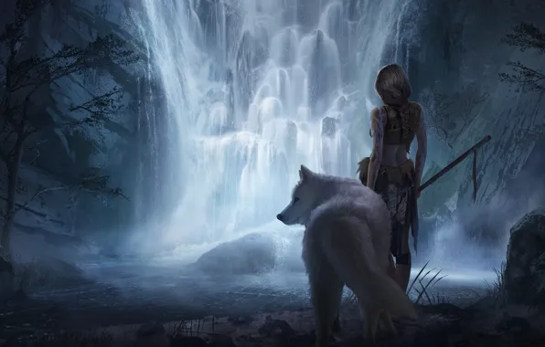 Девушка, фантастика, животное, водопад, арт, белый волк