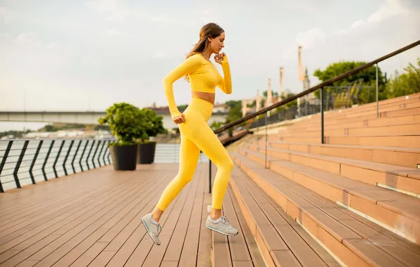 Gym, leggings, tights, buttock, woman fitness, activewear, woman exercises, yellow leggings