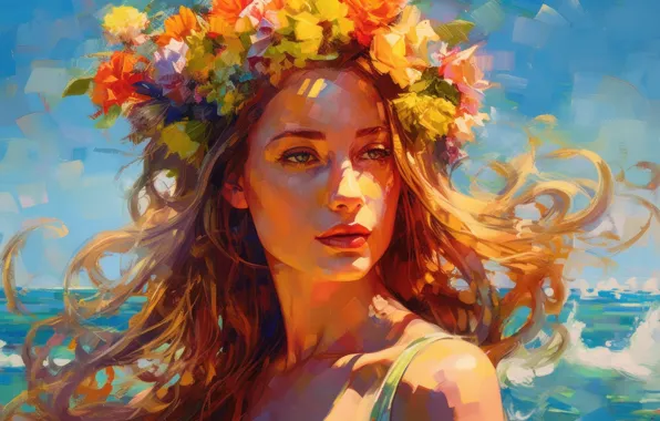 Лето, девушка, цветы, природа, лицо, краски, портрет, картина